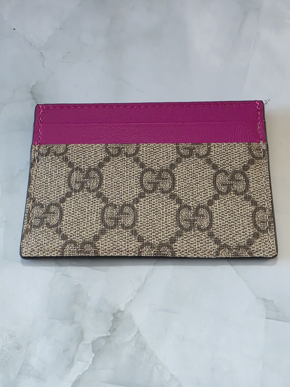Gucci GG Canvas Card Holder with Pink Leather Trim